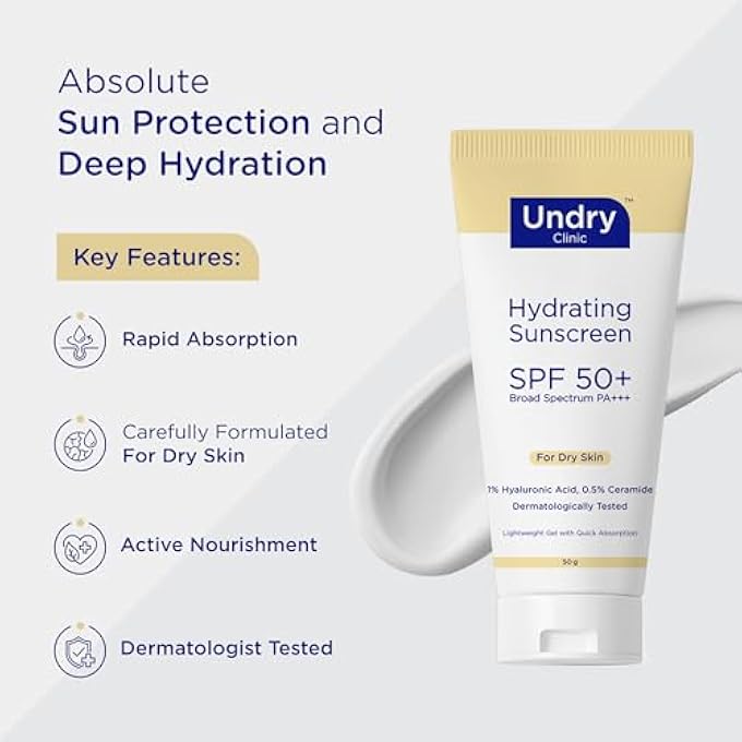 Undry واقي شمس مرطب SPF 50+ PA+++ | جل خفيف الوزن مع 1% حمض الهيالورونيك و 0.5% سيراميد | حماية واسعة الطيف للبشرة الجافة | مختبر جلدياً | عبوة من 2 (50 جرام لكل منهما) - Image 2